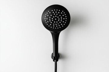 Modern black showerhead design mounted on a white wall, featuring a sleek and minimalist aesthetic, perfect for contemporary bathrooms, showering concept