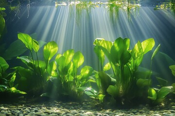 Wall Mural - Sunlight Filtering Through Water Highlights Vibrant Aquatic Plants in Aquarium