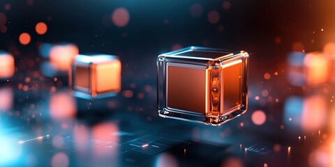 Poster - Glowing Cubes in Abstract Digital Background with Bright Bokeh Effects