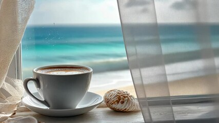 Wall Mural - Enjoying a warm cup of coffee by the coastal window with a serene view of the ocean waves, Cozy coastal scene with a cup of coffee on a windowsill overlooking ocean, background