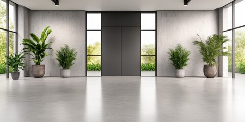 Poster - Modern Minimalist Interior Design with Green Plants and Elevator