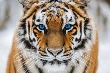 Wall Mural - majestic siberian tiger close-up in snow, piercing blue eyes, frost-covered whiskers, intense expres