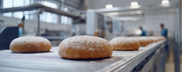 Wall Mural - efficient industrial bread production line showcasing automated processes and fresh baked goods in a