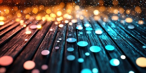 Fototapete - Colorful Bokeh Lights on Dark Wooden Surface with Glittering Effect