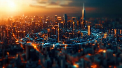 Poster - Aerial View of Urban Cityscape with Glowing Lights at Sunset
