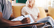 © KayExam/peopleimages.com - Doctor, old woman and writing symptoms in home visit, assessment and medical file for health checklist. Hands, insurance and nurse helping elderly patient with checkup, disease and sick support