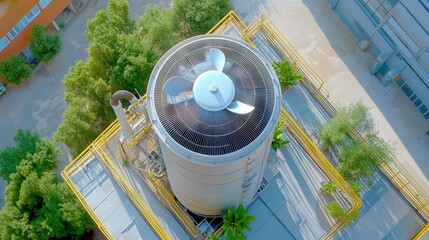 Wall Mural - Aerial top-down shot of an industrial air conditioning unit spinning on a rooftop, cooling the building with its powerful rotating fan.