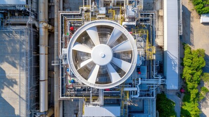 Wall Mural - Aerial view of a high-powered cooling fan rotating atop a factory roof, providing ventilation under the bright midday sun.