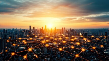 Fototapete - Modern City Skyline with Network Connections at Sunset Glow