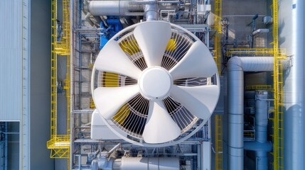 Wall Mural - Aerial view of a high-powered cooling fan rotating atop a factory roof, providing ventilation under the bright midday sun.