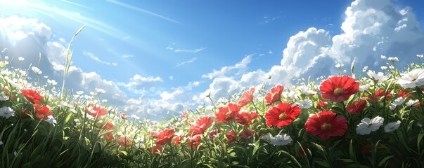 Wall Mural - A vibrant meadow filled with red and white flowers under a bright blue sky with fluffy clouds and sunlight streaming down.