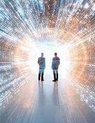 Wall Mural - two individuals standing in a futuristic glowing tunnel of light and color