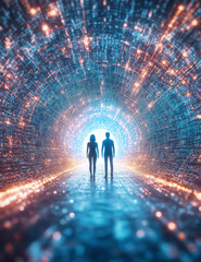 Wall Mural - two individuals stand at the center of a luminous futuristic tunnel.