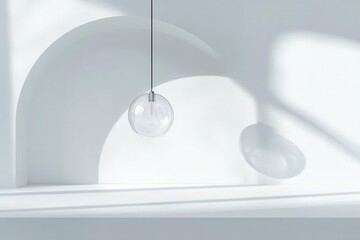 Wall Mural - minimalist composition of floating light bulb casting geometric shadows, clean white space, subtle gradient, conceptual innovation visualization