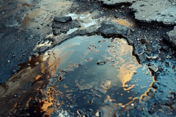 Oil spill reflecting colors on pavement. AI image