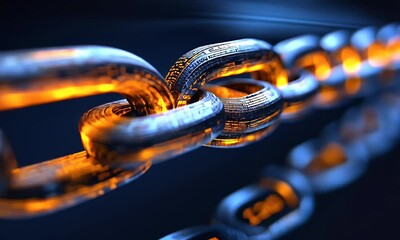 Glowing digital chain link, security concept, dark background