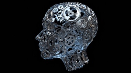 Aufkleber - Human head contour filled with interlocking gears and cogs symbolizing concepts of artificial intelligence and creativity. Generative AI