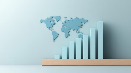 Leinwandbilder - 3D graph with steadily increasing light blue bars is set against world map background, symbolizing global growth and progress
