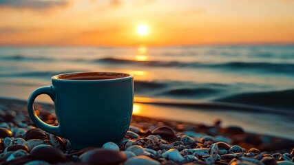 Wall Mural - Enjoying a warm coffee cup on the beach as the sun rises over the calm sea, Coffee cup on the shore with rising sun in the background Serenity and morning calm concept