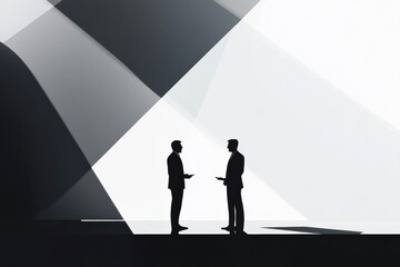 Fototapete - Two silhouetted figures engaged in negotiation under abstract lighting in a minimalist setting during an evening meeting. Generative AI