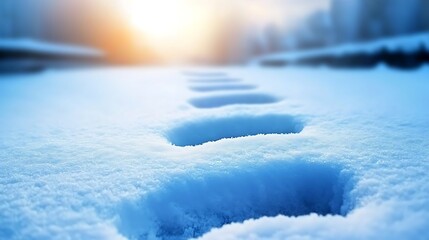 Canvas Print - Footprints in fresh snow leading towards a glowing sunset over a tranquil winter landscape