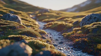 Wall Mural - Serene Stream Flowing Through Lush Green Meadow Under Soft Morning Light in Scenic Mountain Landscape