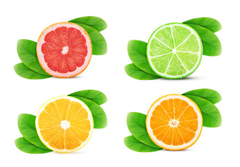 Wall Mural - Fresh orange, lemon, lime, grapefruit cut in half slice with leaf