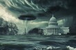 © YouraPechkin - UFO hovers above the Capitol building amid ominous stormy skies and high water
