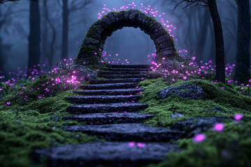 Poster - Low-angle view featuring an arch emerging from a moss-covered plateau, with glowing blooms gently