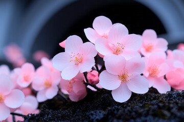 Poster - Pastel-hued blossoms clustering at the foot of a clean, modern arch, each petal lightly glowing