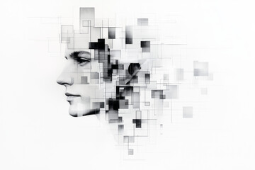 Aufkleber - Reflective black-and-white portrait overlaid with intricate blueprint lines of a concept building,