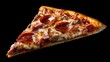 © Tom - A delicious slice of pepperoni and sausage pizza on a dark background, showcasing melted cheese and a crispy crust.