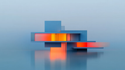 Poster - Warmly lit portrait dissolving at the edges into a stylized, minimal building shape, evoking a