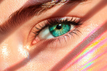 Poster - Slight angle profile capturing reflections of vivid colored lines across both lenses, her face