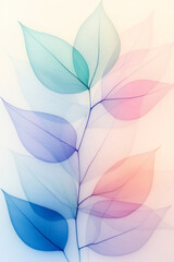 Poster - Translucent leaf silhouettes layered in gentle ombrÃ© shades of turquoise and lilac, illuminated by