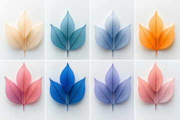 Poster - Minimal grid layout displaying leaf cutouts, each tinted with a distinct pastel gradient, set