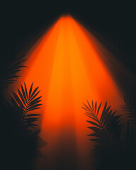 Poster - Dramatic composition with dark foreground flora highlighted by brilliant sunset beams, revealing a