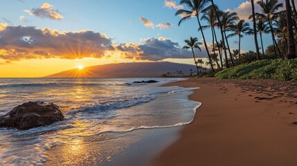 Wall Mural - A stunning sunset paints the sky with vibrant colors as waves gently lap against the sandy shore, framed by palm trees and lush greenery in Hawaii