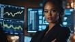 © Babb - A businesswoman stands confidently in a contemporary office, scrutinizing financial charts displayed on several monitors, illuminated by ambient light