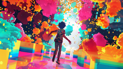 Wall Mural - A digital avatar dancing in an oversized, pixelated world, with explosions of color and cartoon-like graphics animating around them.