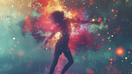 Wall Mural - A digital avatar dancing in an oversized, pixelated world, with explosions of color and cartoon-like graphics animating around them.