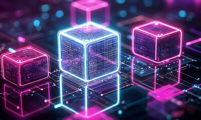 Wall Mural - glowing data cubes network, digital future, abstract background
