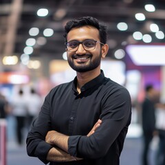 Wall Mural - A man programmer in glasses stands smiling with his arms crossed at office