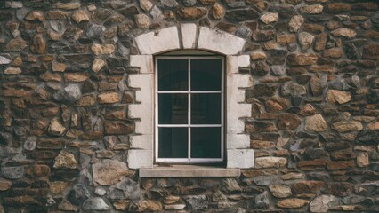 Wall Mural - Stone wall texture featuring a centered window with white trim isolated on a rustic stone background in earthy tones of brown and gray.