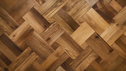 Wall Mural - Polished oak parquet floor showcasing warm brown tones with natural wood grain patterns arranged in a herringbone design on a seamless background.