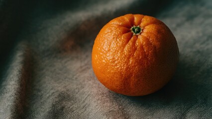 Wall Mural - Ripe orange tangerine on a textured gray fabric with soft lighting highlighting its vibrant color and natural skin texture in a relaxed position