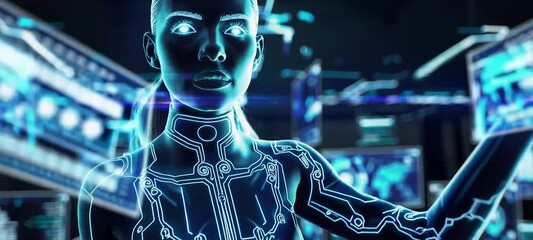 Wall Mural - futuristic cyber interface with holographic ai interaction in hightech control center