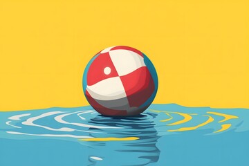 Wall Mural - vector illustration of a colorful beach ball floating in water, against a yellow background, centere