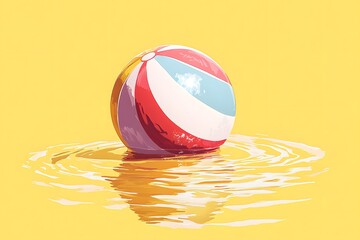 Wall Mural - vector illustration of a colorful beach ball floating in water, against a yellow background, centere