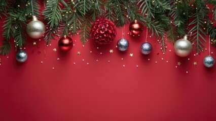 Wall Mural - Festive red background featuring gold and silver ornaments, red pinecone, scattered stars, and evergreen branches elegantly arranged at the top.